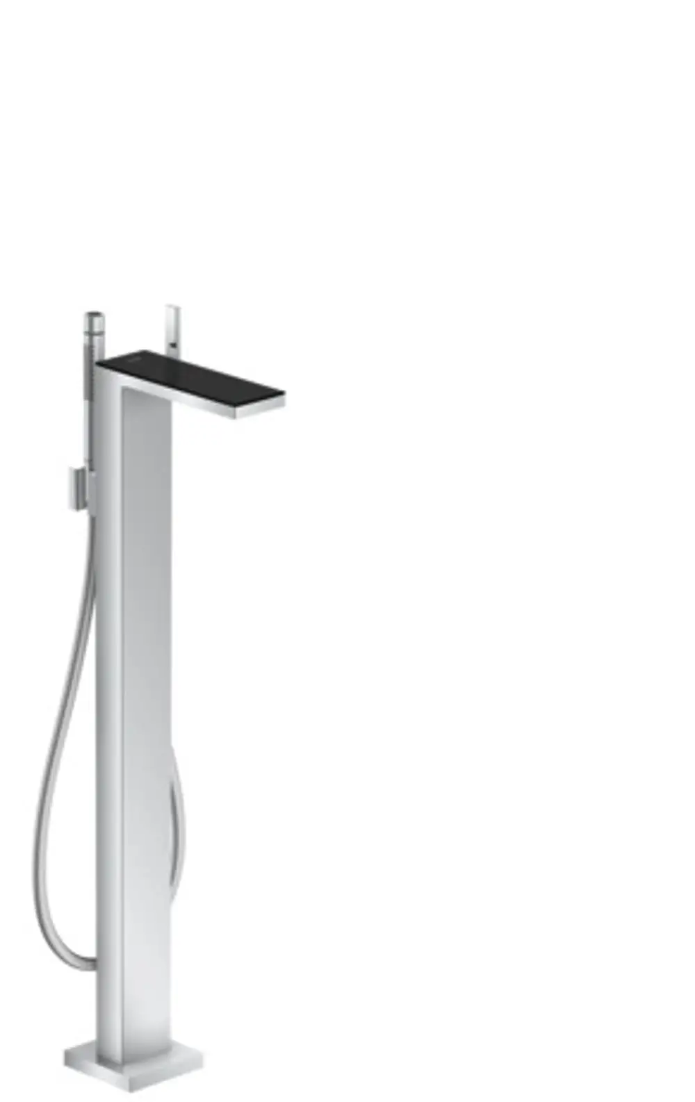 Bodenstehender Wannenmischer aus Chrom mit schwarzem Glas von AXOR, ausgestattet mit einem Handbrauseanschluss und einem funktionalen, geraden Design.